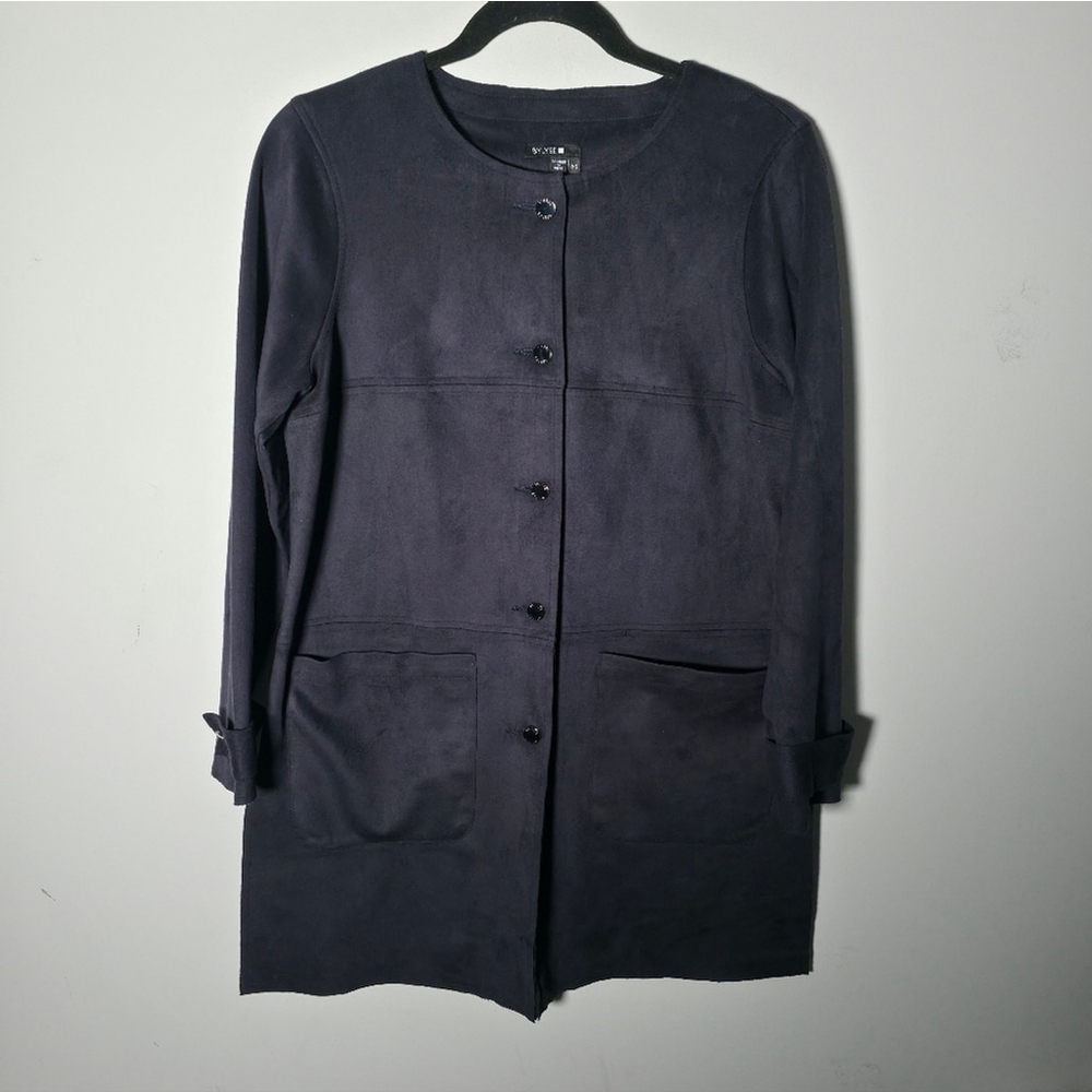 Bylyse Longline Faux Suede Jacket Navy Button Front Pockets Small - Picture 7 of 12